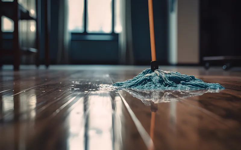hardwood cleaned and waxed with a blue mop