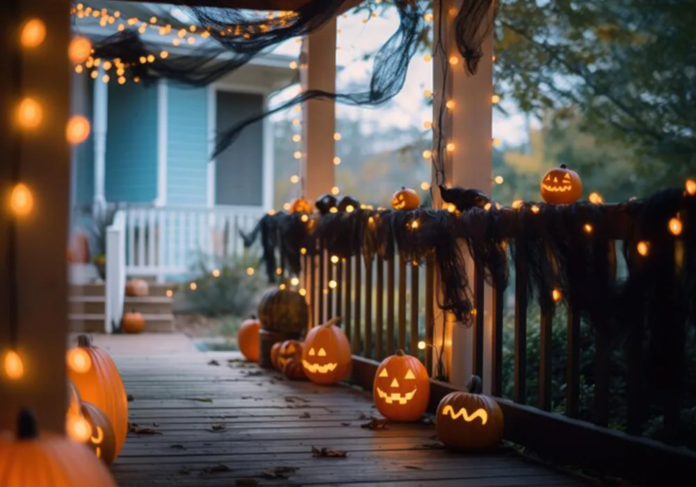 Deck of a house decorated with Halloween decorations, with LEDs on the pillars, pumpkins, leaves and cobwebs
